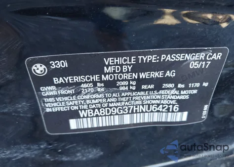 2017 BMW 330I xDrive from USA, damaged, VIN WBA8D9G37HNU64216